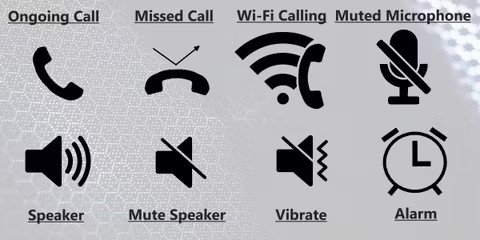 Call, volume, and Alarm icons